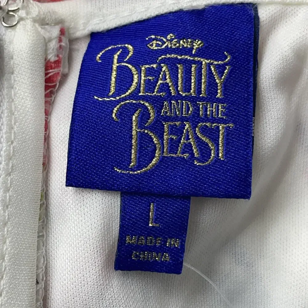 NWT Disney Beauty & The Beast Womens L Floral Wht Lace Dress Peek A Boo Shoulder